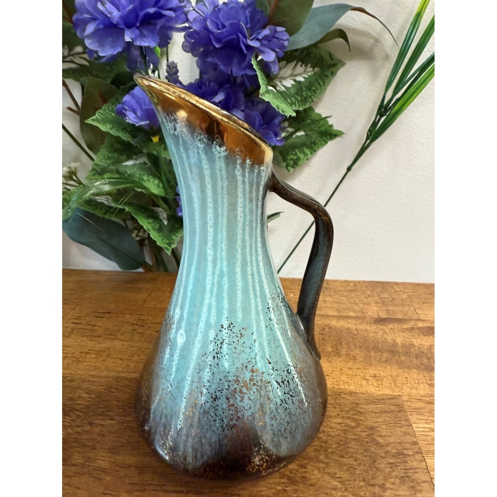Vintage West German Pottery Pitcher Vase – Mid-Century Turquoise Drip Glaze 537